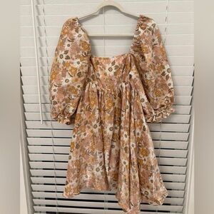Astoria Floral Puff Sleeve Dress in Blush and Mustard
